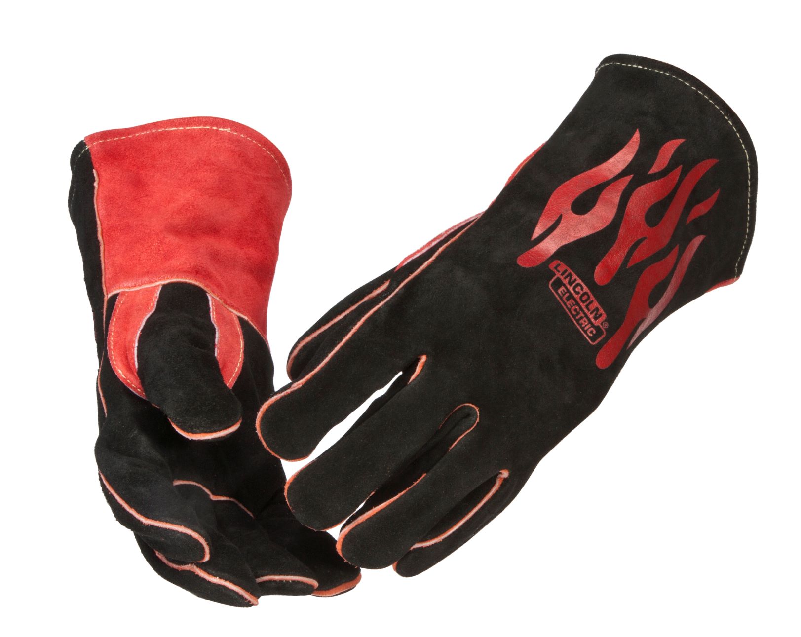 Traditional Lincoln MIG and Stick Welding Gloves with flame motif.
